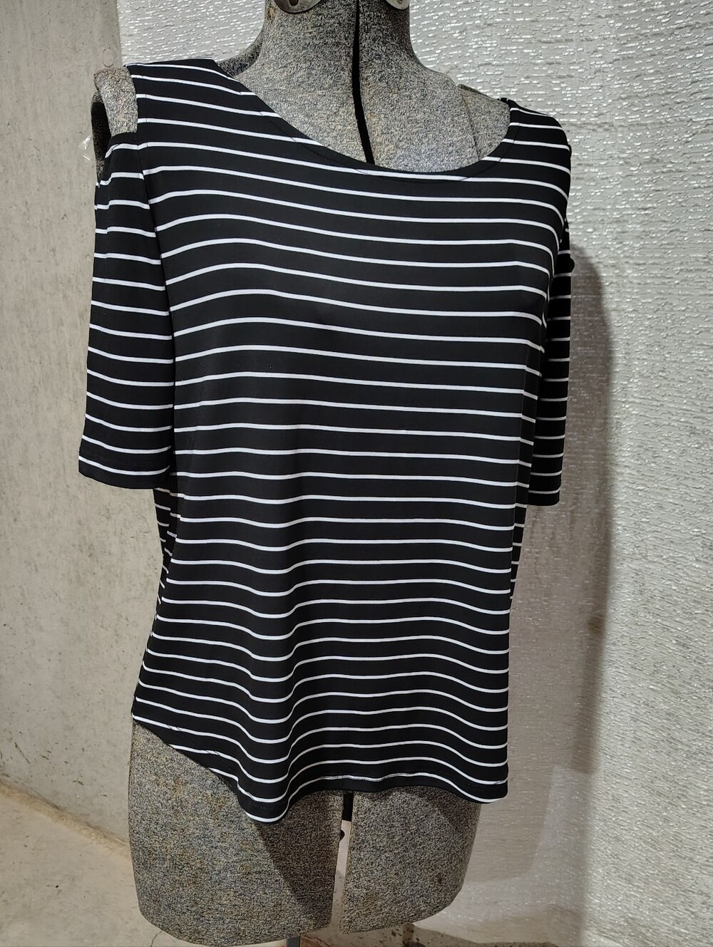 NWT Tan Jay Black & White Striped Cold-Shoulder Top